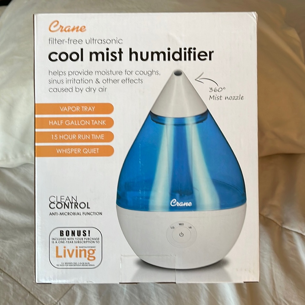 Crane Droplet Filter-free Ultrasonic Cool Mist Humidifier 0.5 Gallon Tank NIB